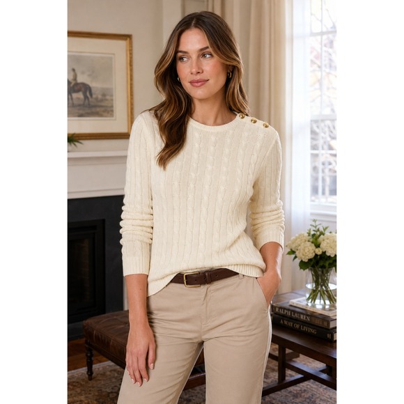 Lauren Ralph Lauren Sweaters - Lauren Ralph Lauren Women Cream Cable Knit Gold Button Shoulder Sweater Medium